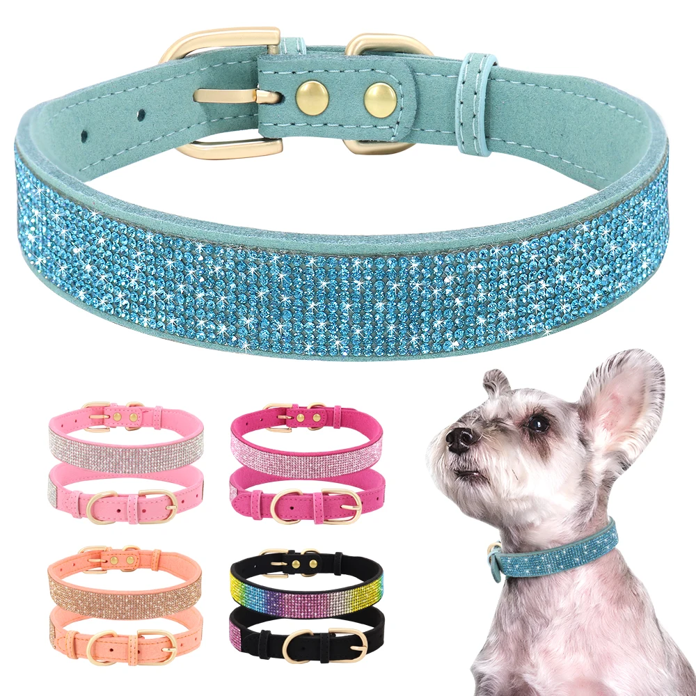 Rhinestone Dog Collar Soft Suede Leather Dog Cat Collar Crystal Diamond Sparkling Pet Dog Puppy Collar for Chihuahua Yorkshire