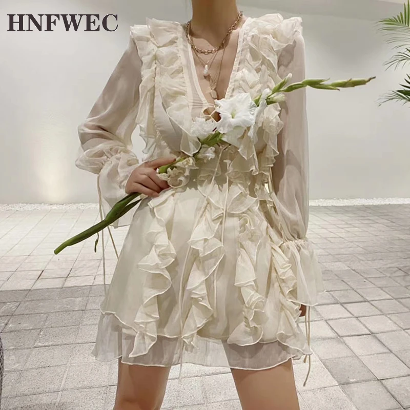 

Patchwork Ruffles Dress For Women V Neck Bandage Bow Flare Long Sleeve High Waist Sexy Dresses Female 2020 Summer New P815