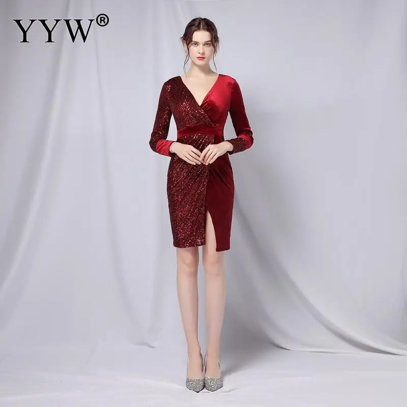 

Women Long Sleeve Mid Evening Party Dresses Velvet Sequins Slit Short Vestidos V Neck Formal Dress Robe De Soiree De Wedding