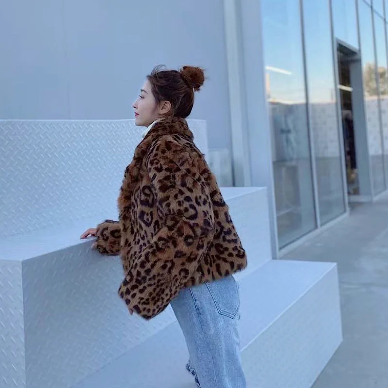 2021Winter Women Real Rex Rabbit Fur Coats  Fashion Short Leopard Overcoat Simple Warm Ladies Outerwear Luxurious Street New