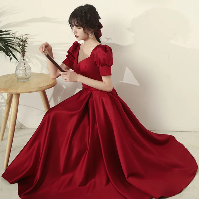 2021 nova moda feminina vestido de noite vinho chá vermelho comprimento vestido de baile manga curta sexy querida vestidos formais robe de soiree