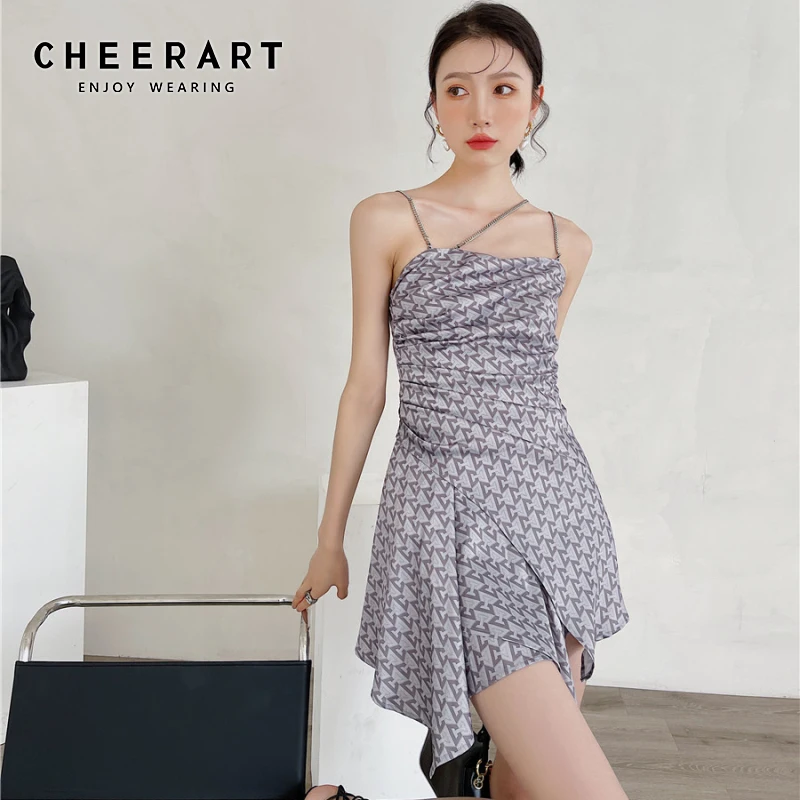 Cheerart-vestido de verão feminino com alça de espaguete, sem encosto, ruched, assimétrico, mini, deslizamento, cinza, moda coreana, verão, 2021