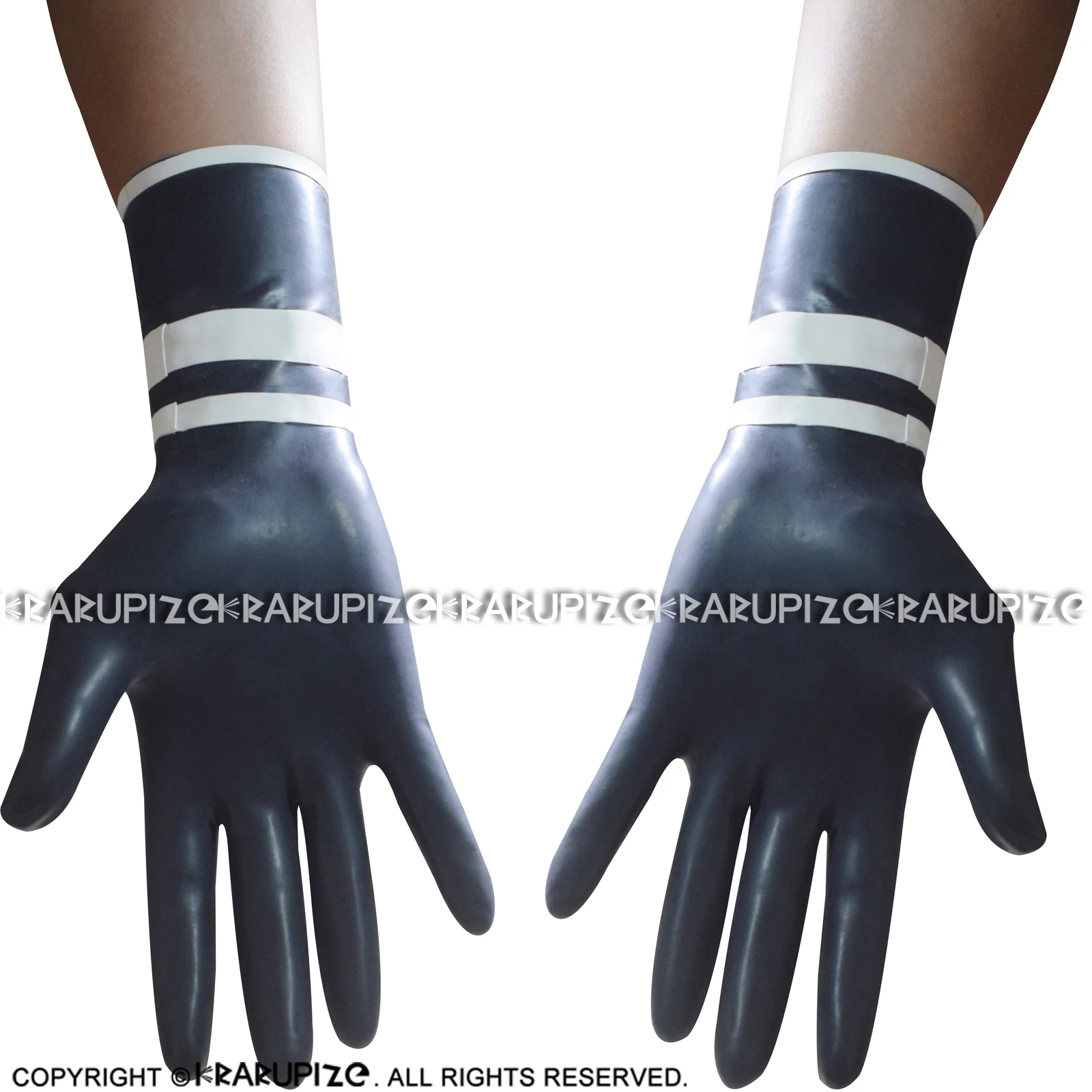 Black And White Trims Sexy Short Latex Gloves With Stripes At Bottoms Rubber Mittens ST-0047