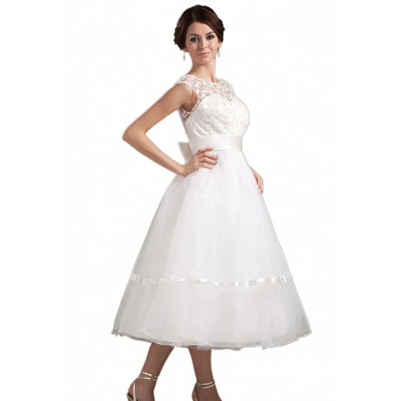 Empire-vestidos De novia cortos De tul De encaje, vestidos De novia De Princesa con Espalda descubierta, vestido De fiesta blanco largo hasta el té, vestido De novia