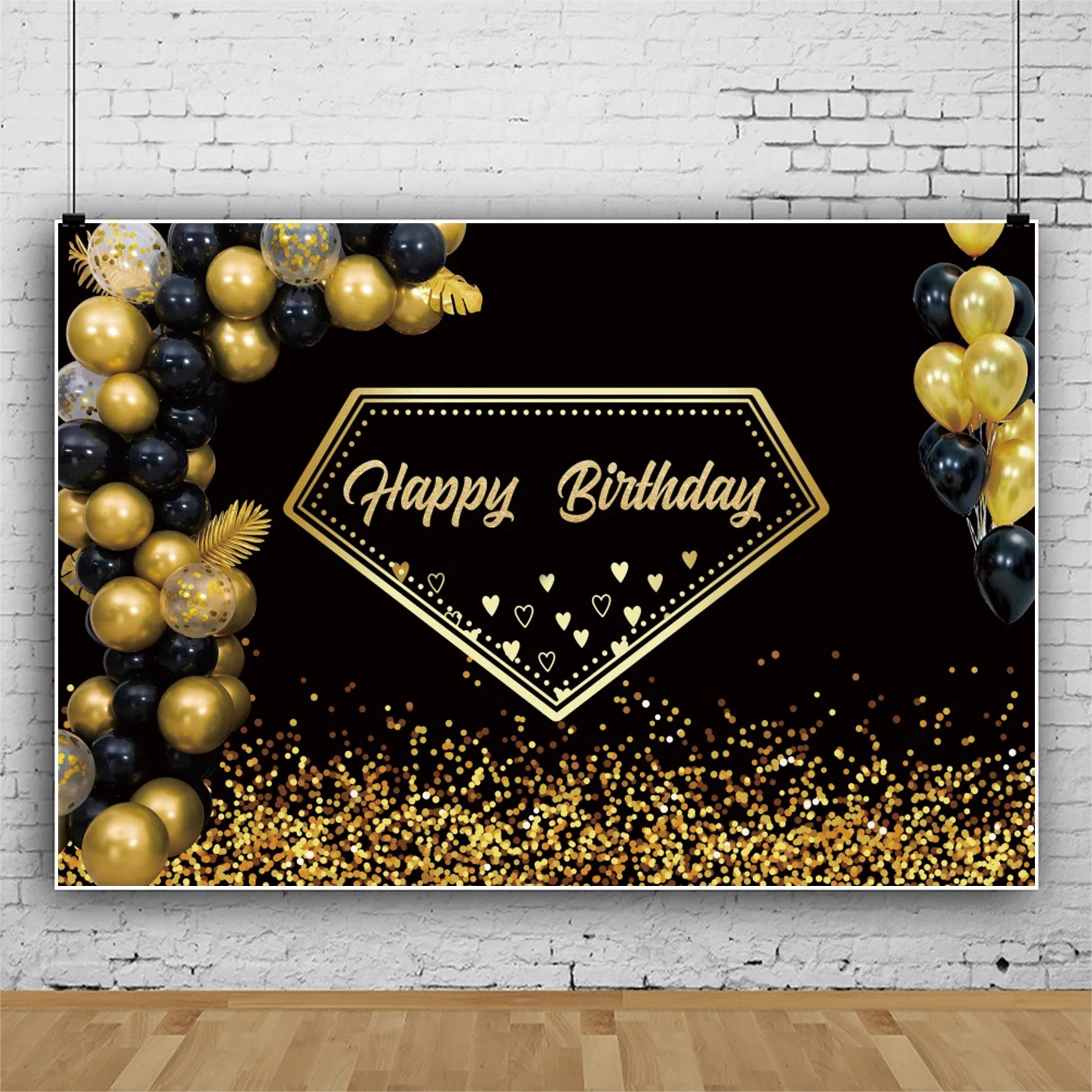 Laeacco Chúc Mừng Sinh Nhật Vàng Bóng Nền Đen Chấm Bi Lấp Lánh Chân Dung Cá Tính Poster Chụp Ảnh Ảnh Backdrop