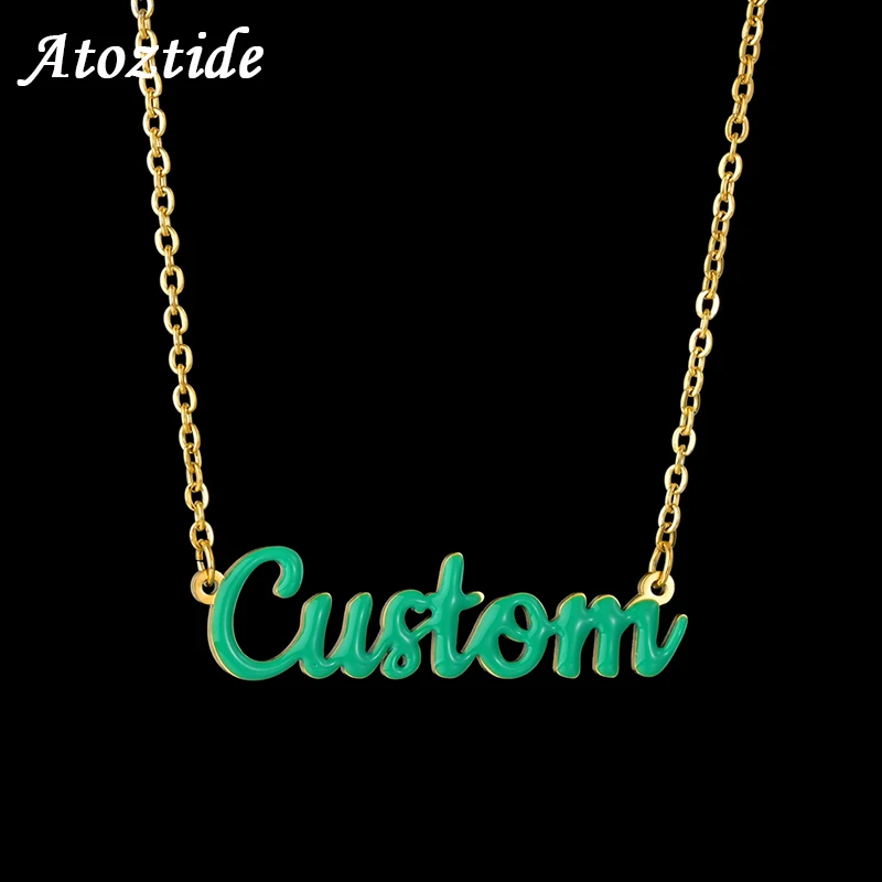 Atoztide Customized  Stainless Steel Name Necklace Dripping Oil Personalized Letter Gold Color Necklace Pendant Nameplate Gift