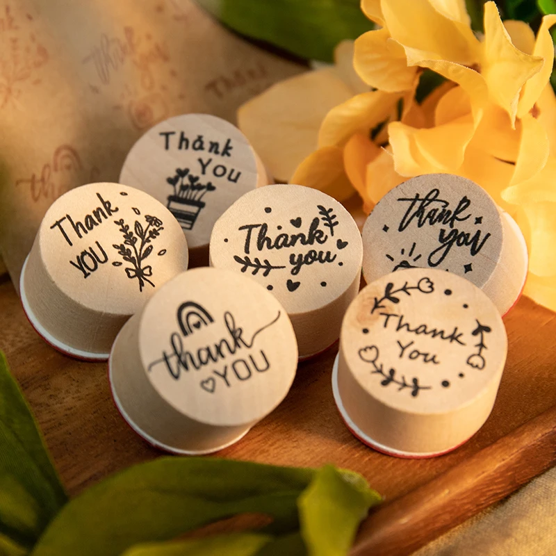 6pcs Wood Rubber Stamps Thank You Round Wooden Stamp DIY Craft Scrapbooking Stamping Birthday Party Wedding Christmas Decoration