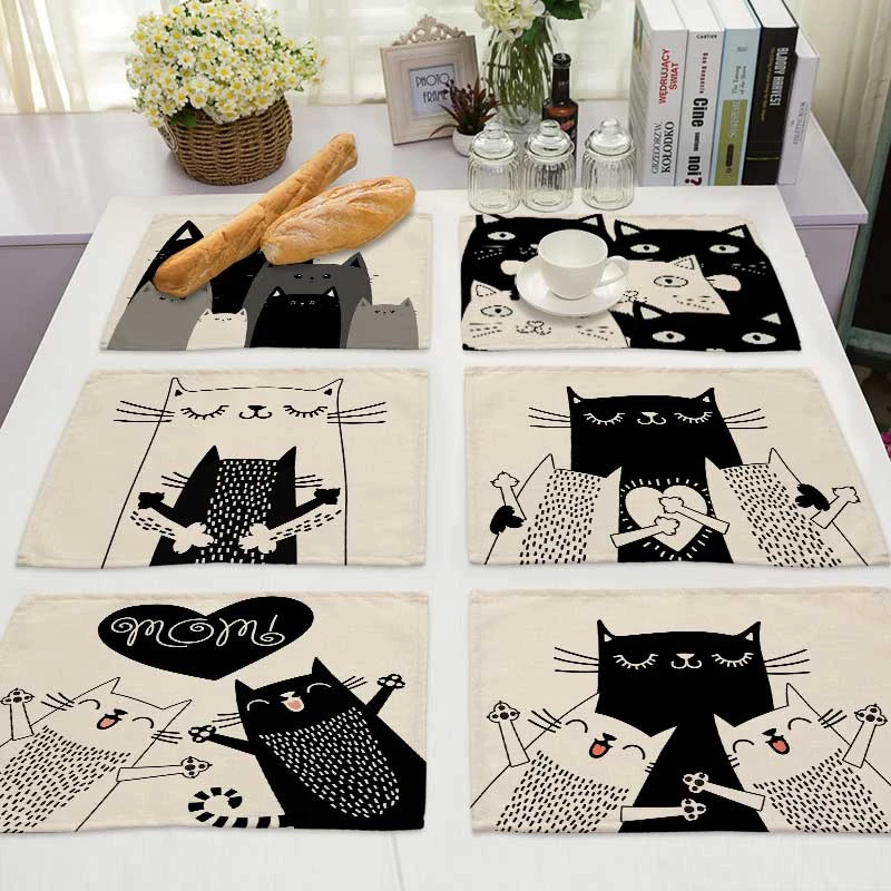 Bkack biały wzór kota Cotton Linen Pad maty stołowe Coaster miska mata na kubki wzór podkładka kuchenna Home Decor ML0016