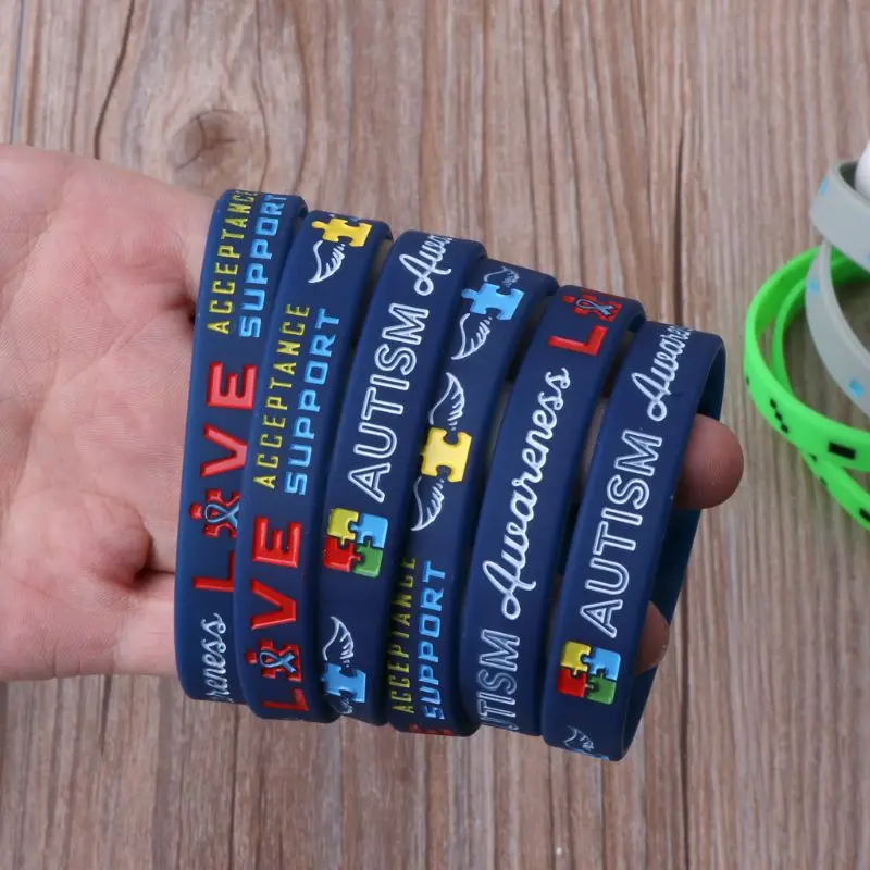 Pack Of 6 Autism Awareness Inspirational Bracelets Autism Awareness Creates Change Silicone Wristbands Blue Unisex