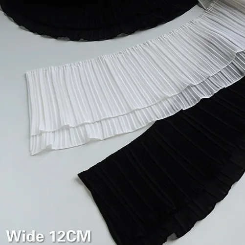 12CM Wide Double Layers White Black Chiffon Organ Pleats Embroidered Fringe Ribbon Lace Collar Neckline Trim DIY Sewing Supplies