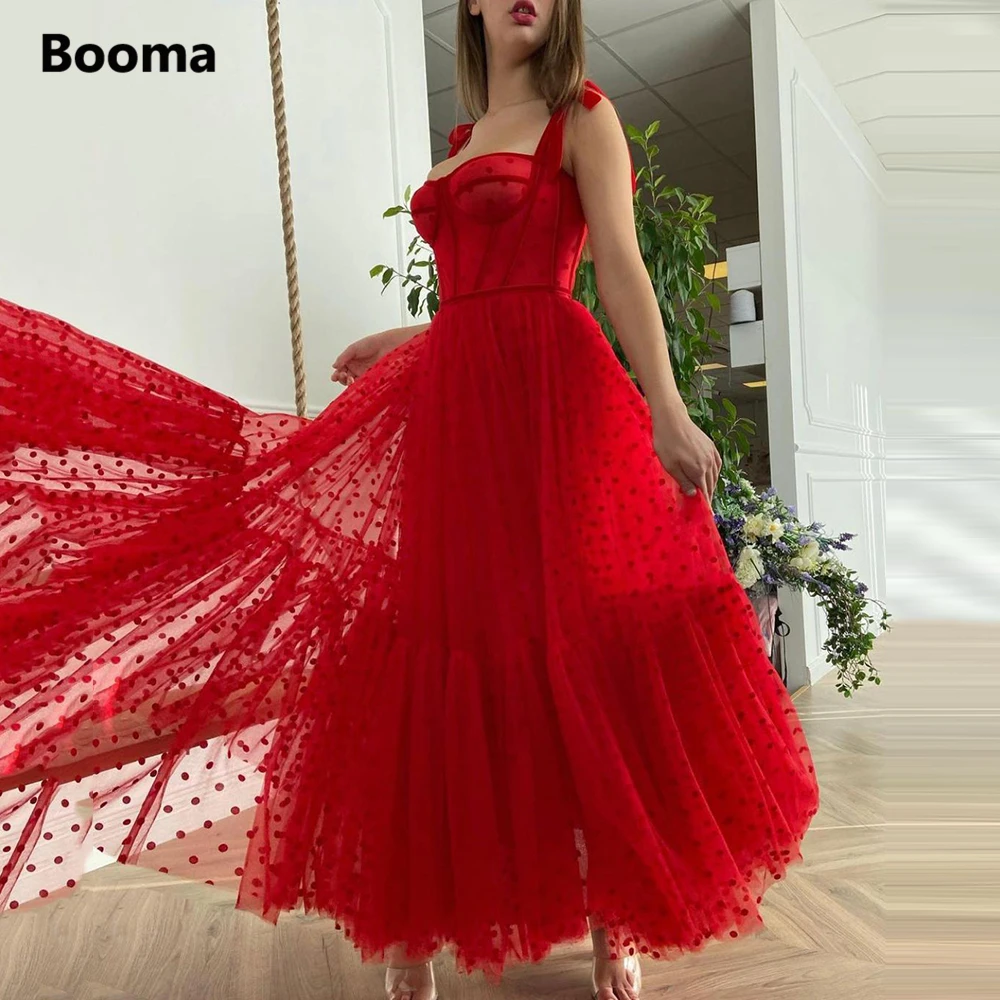 

Booma Red Polka Dots Tulle Prom Dresses Spaghetti Straps Ribbons Tied Bow Tea-Length Prom Gowns Tiered A-Line Formal Party Gowns