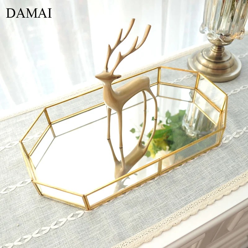 

Gold Inlay Glass Mirror Trays Decorative Metal Hollowation Gilded Hexagon Jewelry Cosmetic Storage Tray Living Room Decoration
