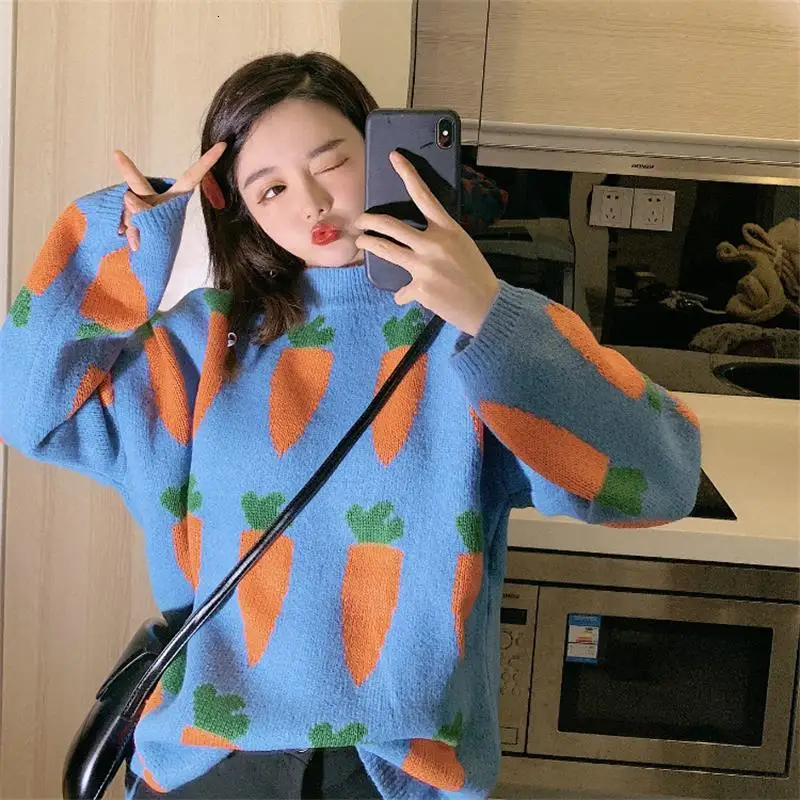 Women\'s Kawaii Knitted Sweater, Cute Carrot Embroidery, Thicken Loose Sweater, Harajuku Ulzzang Sweaters, Lady\'s Clothing