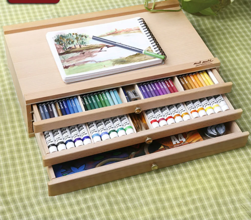 Artists Pastel Box Wood Drawer Desk Oil Paint Box Sketch Colored Pencils Storage Box Sketching Art Board