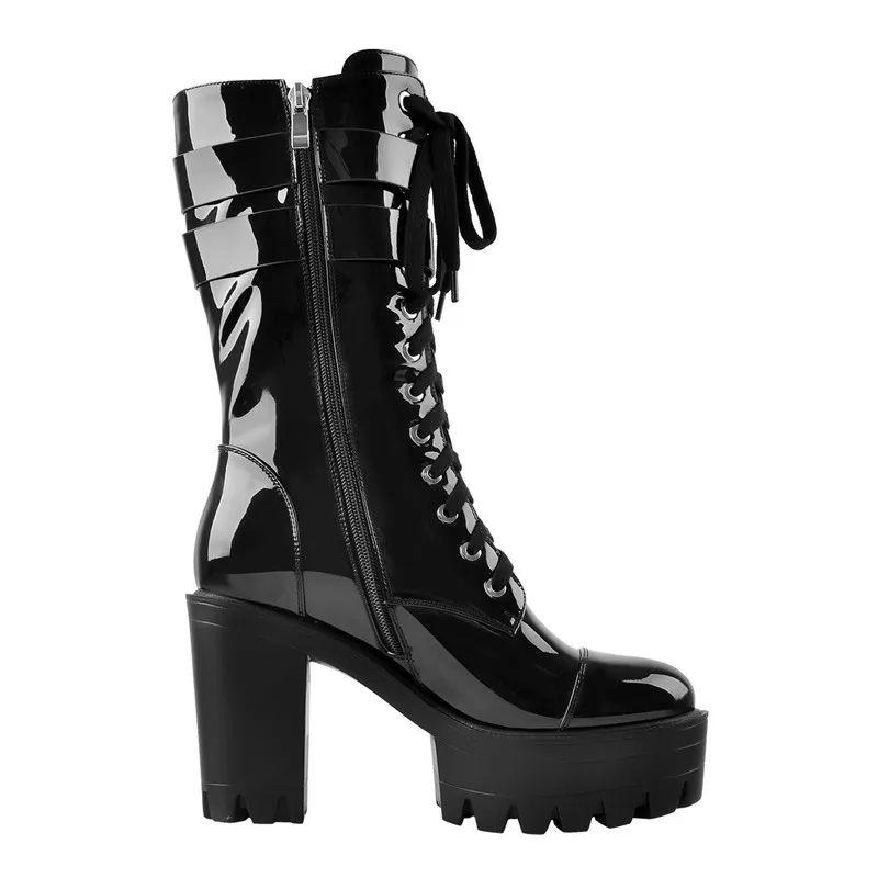 Onlymaker Women Black Platform Punk Boots Patent Leather Lace Up Mid Calf Chunky High Heels Side Zip  Motorcycle Boots