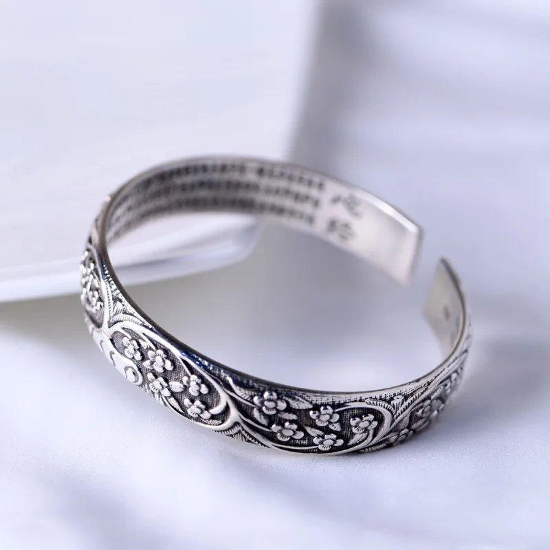 

BOCAI 2021 New Solid Real s925 Silver Retro Pattern Wide Bracelet Heart Sutra Open fFashion Woman Bracelet