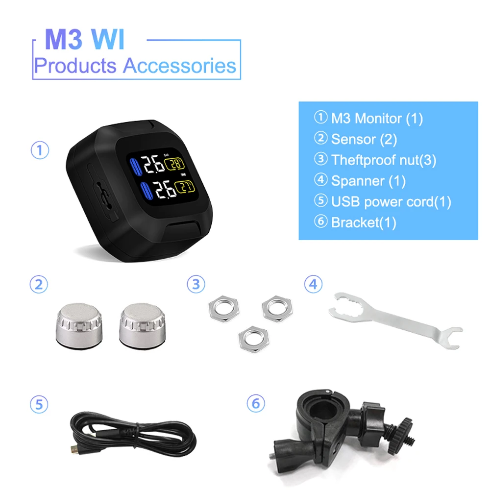 M3 Waterproof Motorcycle Real Time Tire Pressure Monitoring System TPMS Wireless LCD Display External Sensors