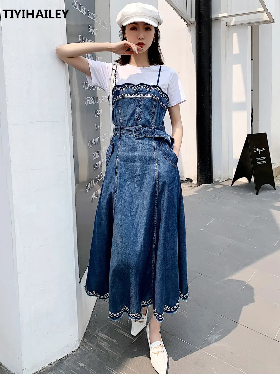 TIYIHAILEY Vintage Women Long Maxi Summer Denim Cotton S-XL Sleeveless Dresses With Belt Embroidery Strapless Ladies Clothing