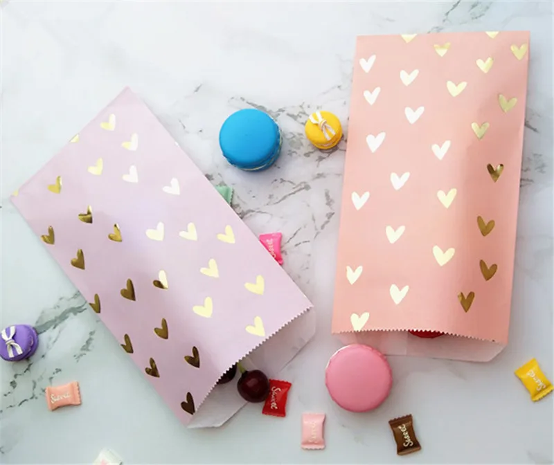 100pcs Foil Gold Heart Personalised Wedding Favor Bags Pink/Grey/Lilac Bridal Party Bag Birth Baptism Paper Bag and Stickers