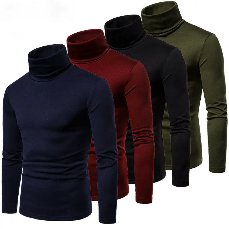 Autumn Winter Tops Fashion Mens Casual Slim Fit Basic Turtleneck Knitted Sweater High Collar Pullover Male Double Collar M-2XL