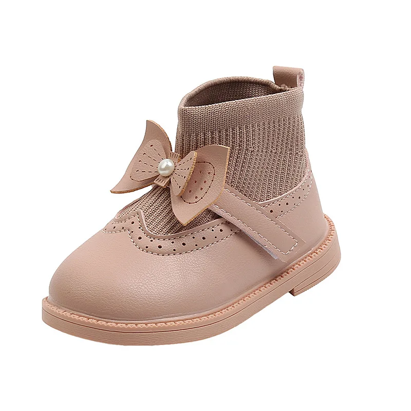 New Girls Fashion Leather Boots Autumn Children\'s Soft Sole Short Boots Cute Bow Knitted Single Shoes G265