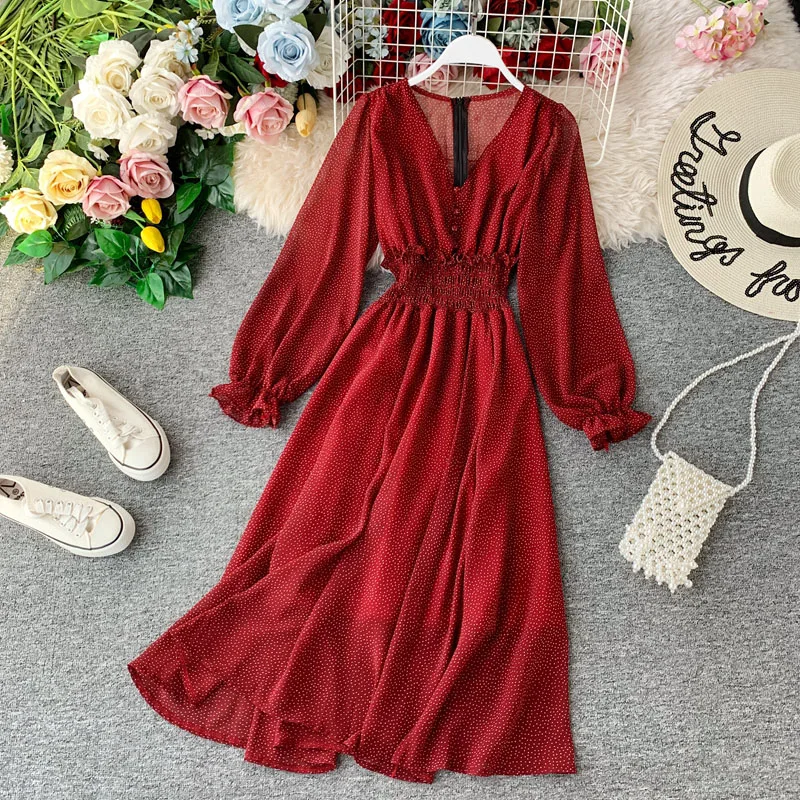 Bella Philo Sophy 2022 Spring Women printed Ruffles Dress Lady V-neck Long Sleeve chiffon Dress Female High Waist A-line