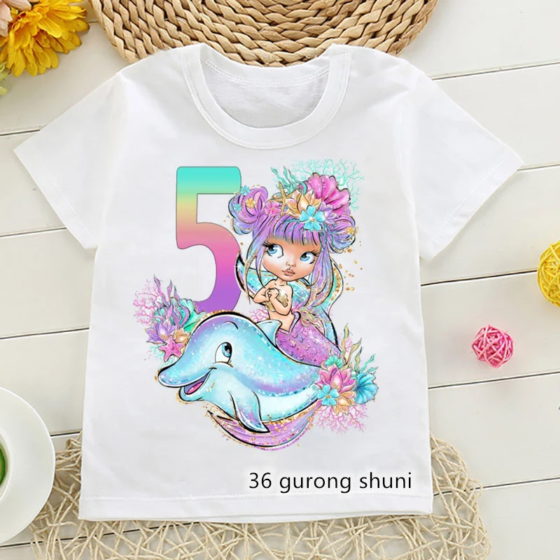 T-Shirt For Girls 2-13 Years Old Birthday Digital Cartoon Print For Kids Birthday Gift Costume Cute Baby Girls Tshirts Wholesale