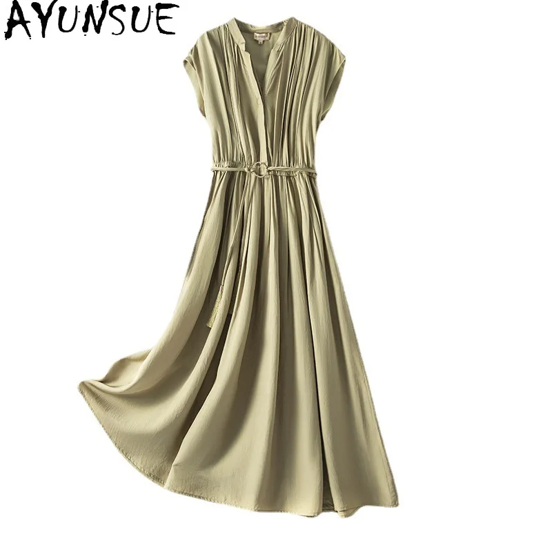 AYUNSUE 2021 Vintage Summer Dress for Woman Slim Green Dresses Famale Beach Dress with Belt Women Clothes Vestido De Mujer SQQ42