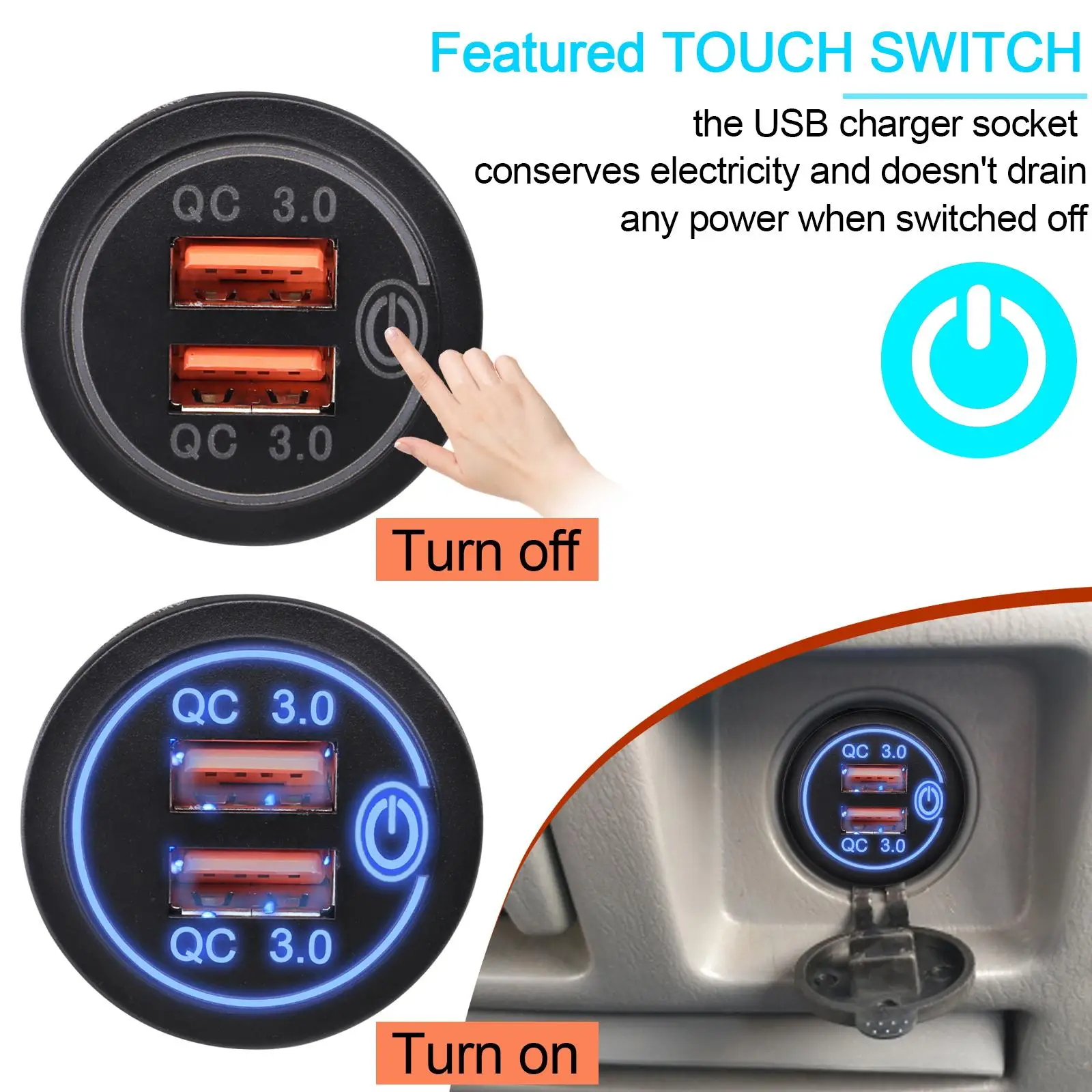 Quick Charge 3.0 Charger Socket 12/24V Dual USB Outlet Aluminum Power Waterproof Fast Adapter with Wire Voltmeter Car Boat Truck