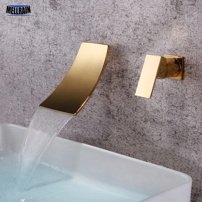 Gold & Black Separated Bathroom Sink Faucet Wall Mounted Waterfall Style Hot & Cold Basin Water Mixer Chrome Tap