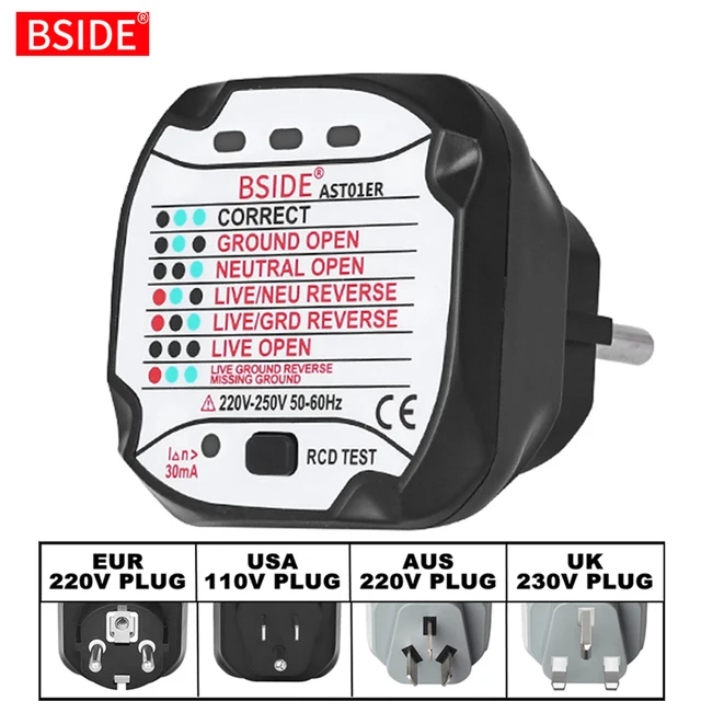 BSIDE AST01 gniazdko elektryczne Tester ue usa wielka brytania AU wtyczka RCD GFCI Test wylot uziemienie Zero linia wtyczka polaryzacja faza kontrola ściany