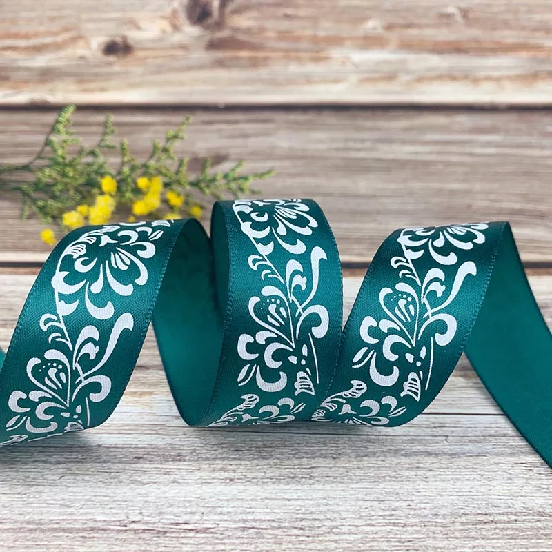 5 Yards 25mm Flower Printed Satin Ribbon For DIY Hair Bow Christmas Party Wedding Decoration Gift Packing Ribbons For Crafts