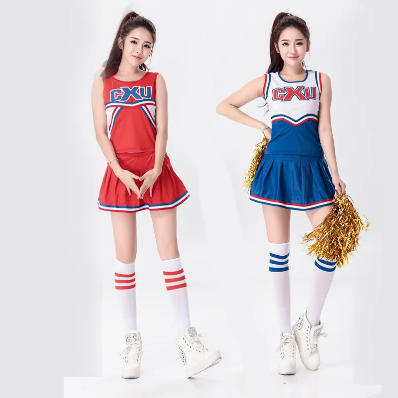 Style coréen Hot Girls uniforme de pom-pom girl Costume d'écolière tenues complètes robe de paupières Costume haut + jupe 2 pièces 2 couleurs S-2 XL