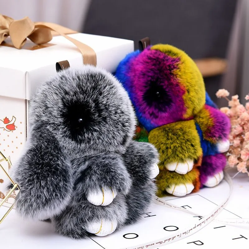 13CM Mini Frost Color Rabbit Keychain Women Cute Plush Fur Pompom Bunny Key Chains On Bags Car Trinket Wedding Party Toys Gift