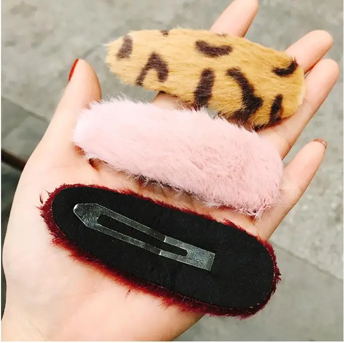 New fashion solid color leopard imitation rabbit hair triangle BB clip hairpin side clip plush hairpin hair accessories