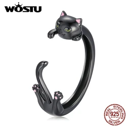 WOSTU Adjustable Authentic 925 Sterling Silver Creative Black Cat Engagement Open Rings For Women Female Original Jewelry CTR217