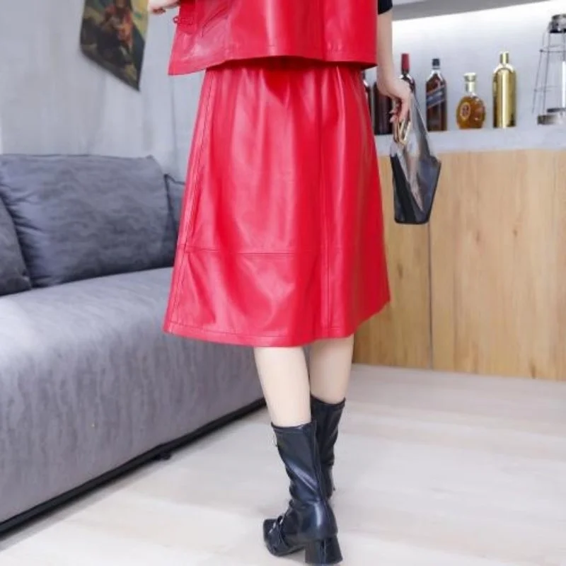 Style Chinese A-Line Skirts Women Streetwear Red Sheepskin Knee Length Skirts Designer High Waist Casual Mid Skirts Pockets