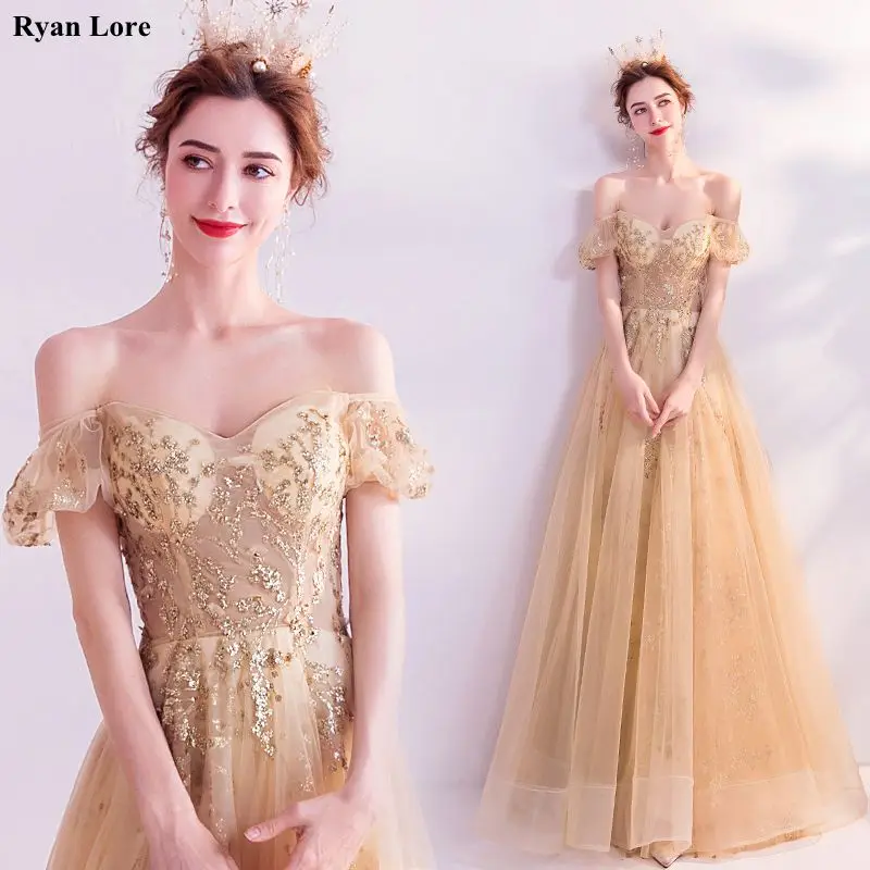 Gold-line suknie balowe 2020 kobiety eleganckie Off Shoulder aplikacje cekiny formalna nocna impreza długie suknie wieczorowe Robe De Soiree