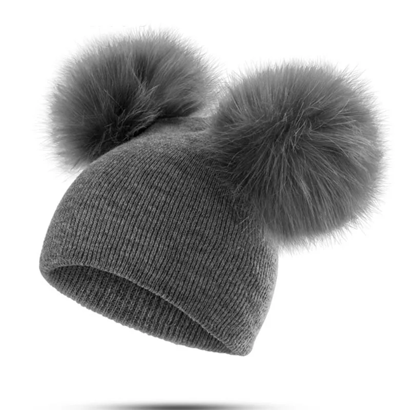 Gorro con pompón doble para niño y niña, gorro cálido de punto de algodón, Unisex, para invierno