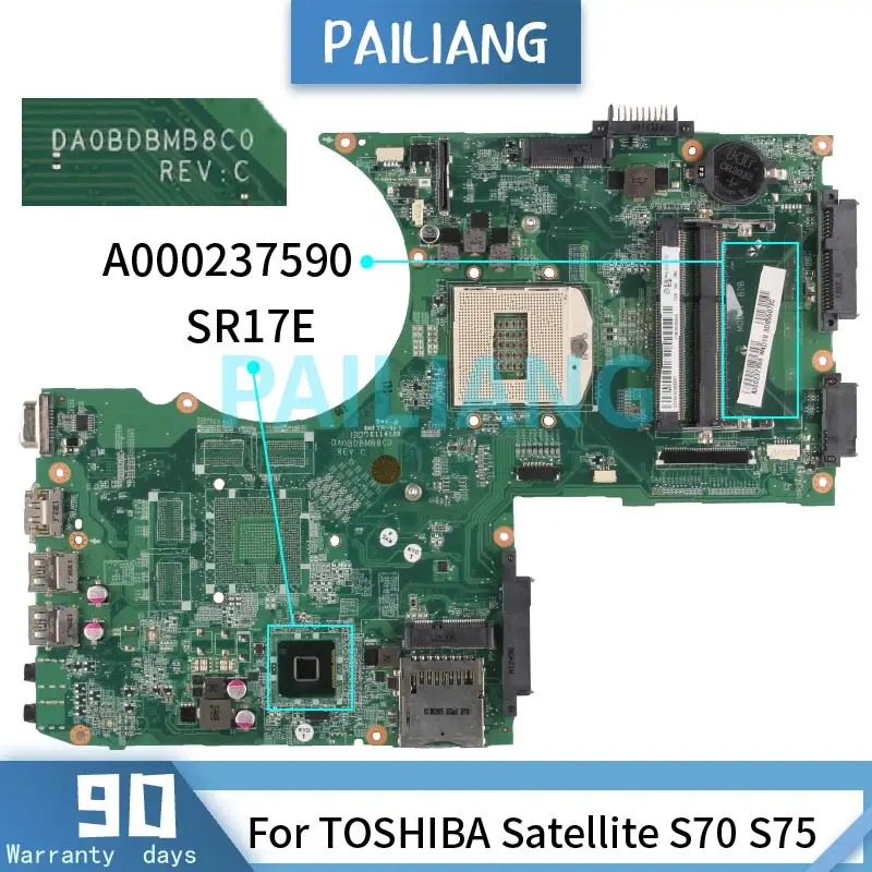 For TOSHIBA Satellite S70 S75 Laptop motherboadrd DA0BD8MB8D0 A000237590 SR17E DDR3 Notebook Mainboard Tested OK