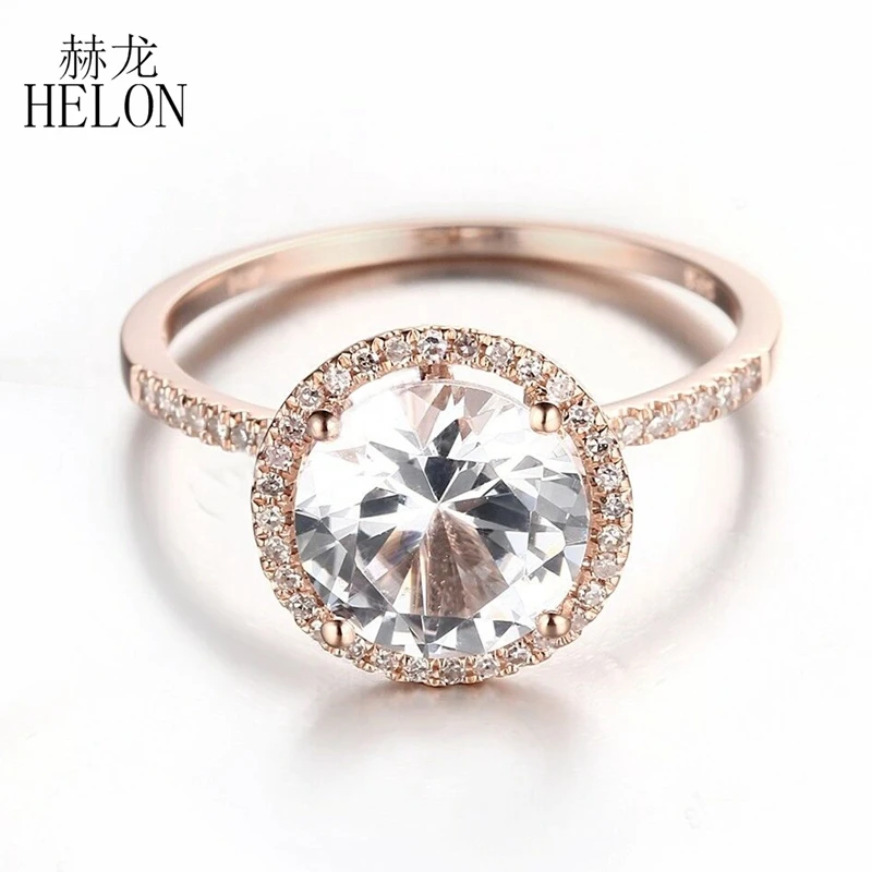 

HELON Real 14K Rose Gold Flawless round 4ct Natural White Topaz Diamonds Engagement Ring Women Wedding Trendy Gemstone Jewelry