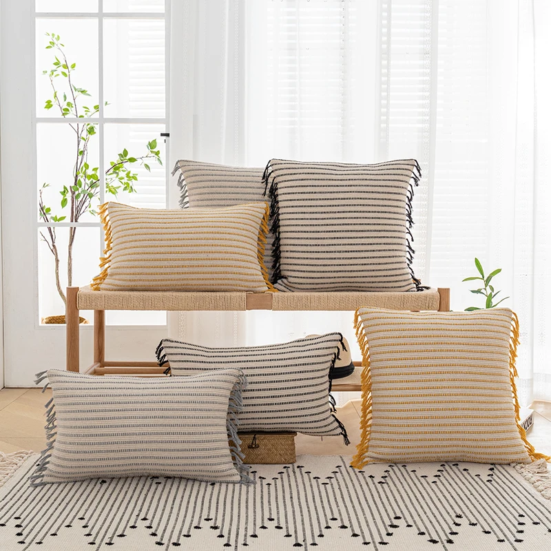 

Stripe Tassels Cushion Cover Yellow Grey Black pillow cover Woven for Home decoration Sofa Bed Living Room Couch 45x45cm/30x50cm