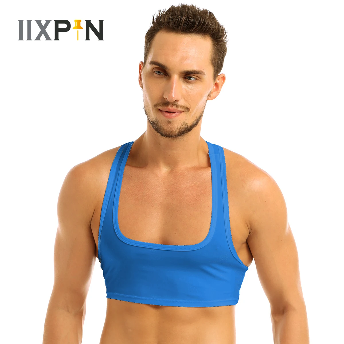 

IIXPIN Mens Basic Crop Tops Sexy Y Back Sleeveless Muscle Half Tank Top Vest T-Shirts Sports Bras Male Clubwear Stage Costume
