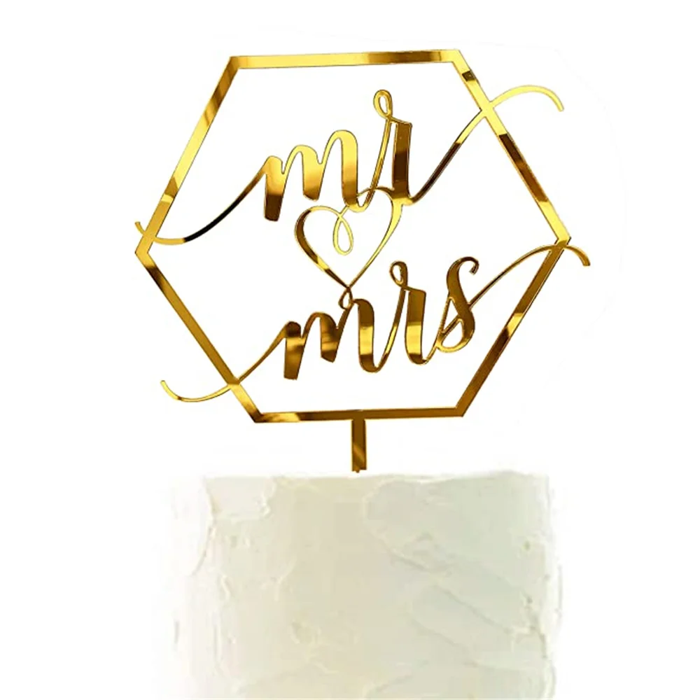 Mr Mrs Cake Topper Acrylic Mirror Gold Unique Geometry Engagement Anniversary Party Decration Wedding Cake Toppers