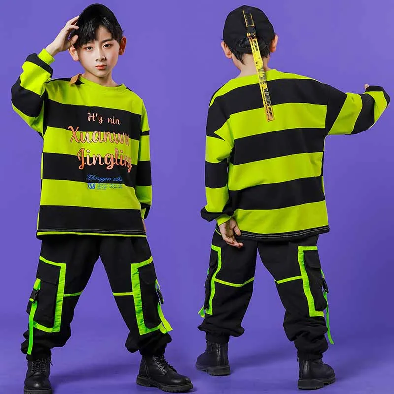 Crianças fluorescente verde superior macacão para crianças kpop roupas meninos jazz dance wear meninas legal hip hop trajes de dança outfit xs1376