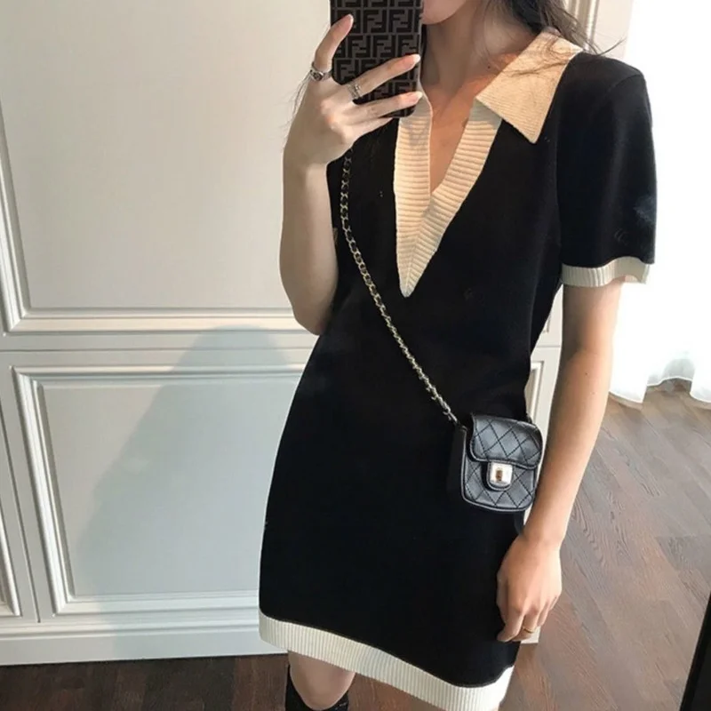 Patchwork Short Sleeve Dress Women Turn-down Collar Office Lady Korean Fashion All-match Summer Harajuku Vestido De Mujer Gothic