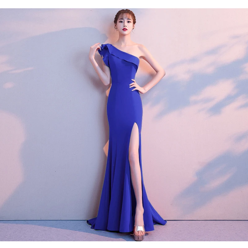 Beauty Emily Elegant New Evening Dresses Long Mermaid Gown One Shoulder Satin Sexy Party Dress 2020 High Split Vestido For Woman