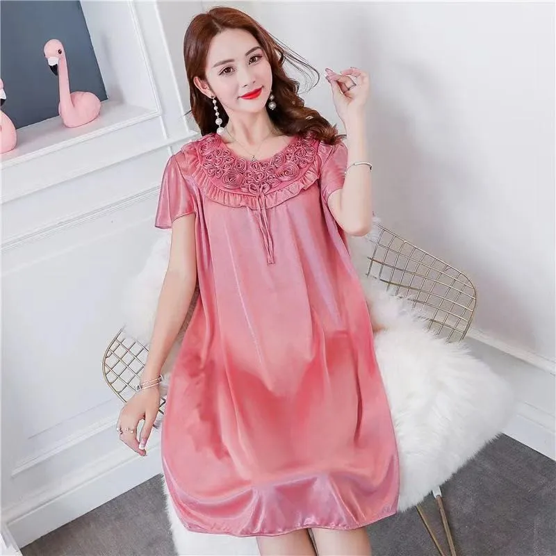 Women Nightgowns Sexy Satin Silk Soft Nightwear Plus Size S-XL Lace Sleepwear Dress Sexy Lingerie Robe Mini Homedress Nightdress