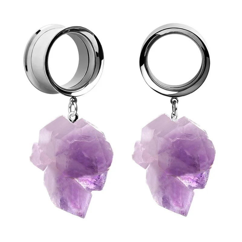 2 Pcs  Natural Stone Pendant Ear Tunnel Plugs  Gauges Purple Stone Dangle Flesh Tunnel Piercing Extension Ear Reamer4-25mm 00