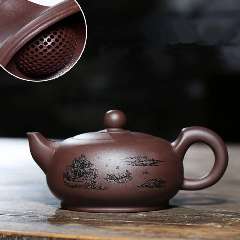 

370ml authentic yixing zisha tea pot ball shaped infuser holes mountain river pattern carved pot marked engraved kungfu teapots